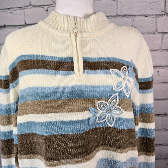ALFRED DUNNER MOCK TURTLENECK STRIPED SWEATER COZY BROWN BLUE AND CREAM EUC SIZE - Picture 1 of 7
